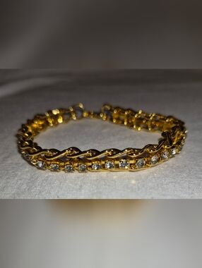 Gold Tone Rhinestone Tennis Bracelet 7” Sparkly Chain Bracelet